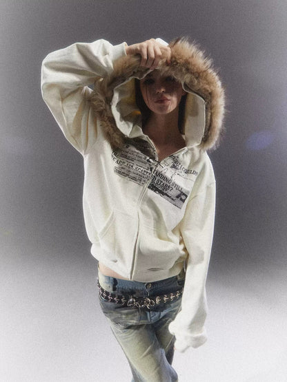 White Fur Collar Graphic Sweatshirt