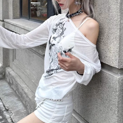 Gothic Print Off-Shoulder Long Sleeve Top