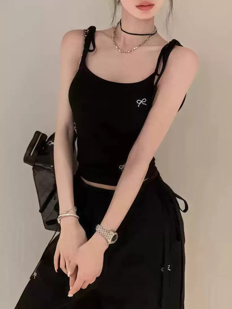 Black Bow Embroidered Camisole Vest for Women