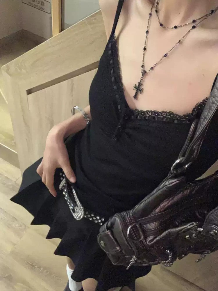 Black Slim Lace Spaghetti Strap Vest for Women