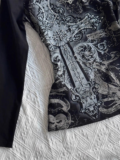 Black V-Neck Printed Long Sleeve Top