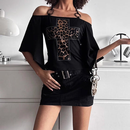 One-Shoulder Leopard Cross Bat Sleeve Top