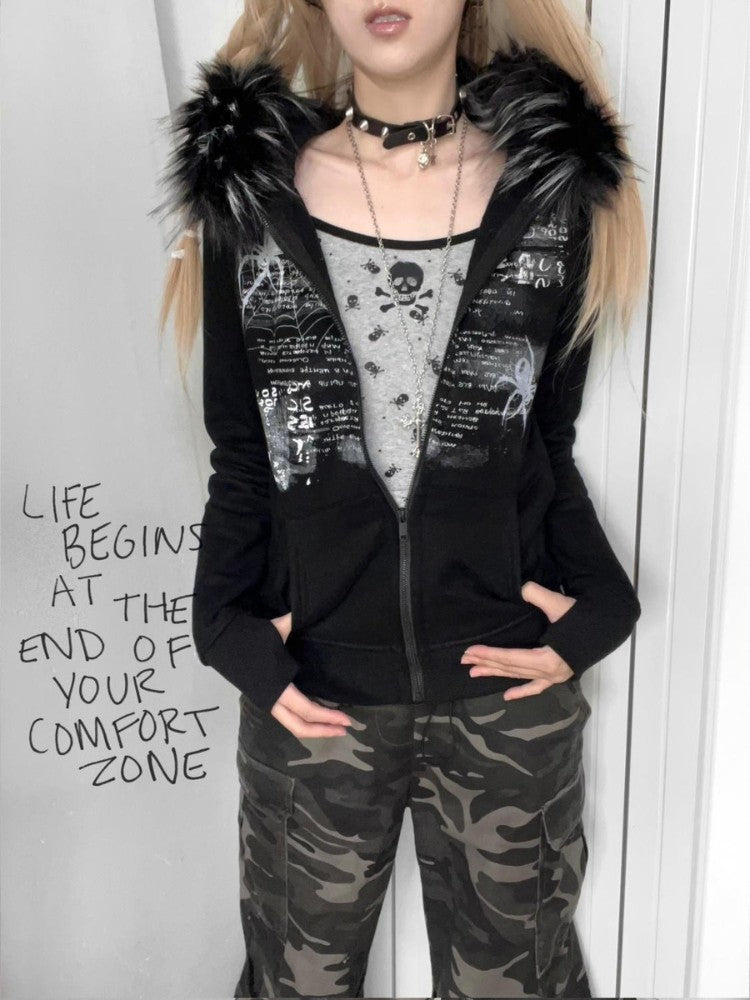 Y2K Punk Spider Print Slim-Fit Hooded Jacket
