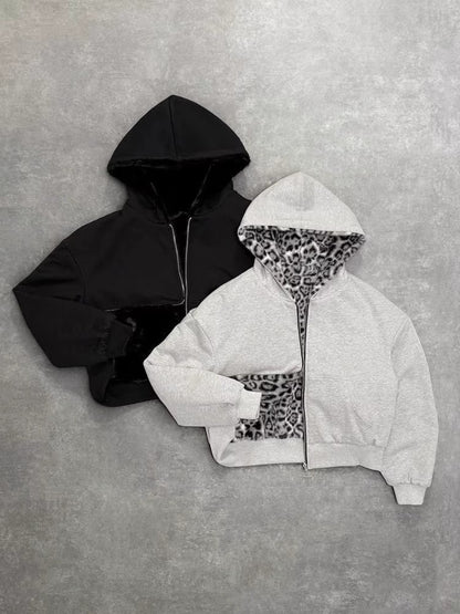 Reversible Leopard Print Zipper Hoodie