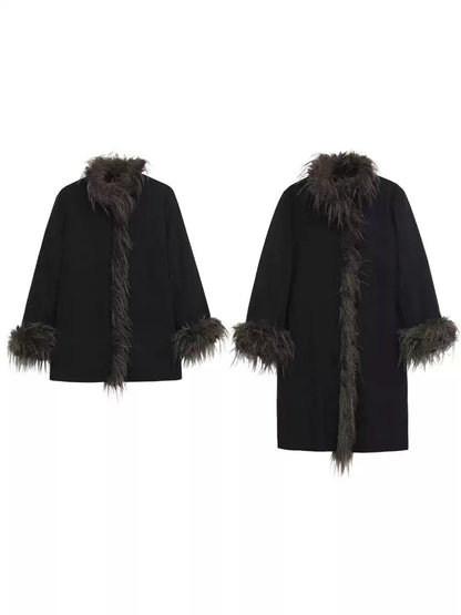 Black Faux Fur Trim Cotton Coat