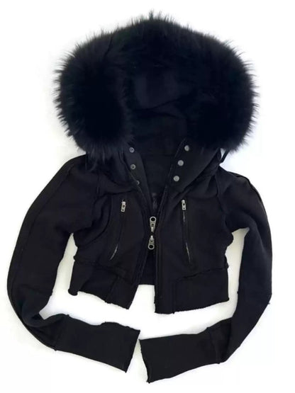 Retro Black Fur Collar Hooded Jacket