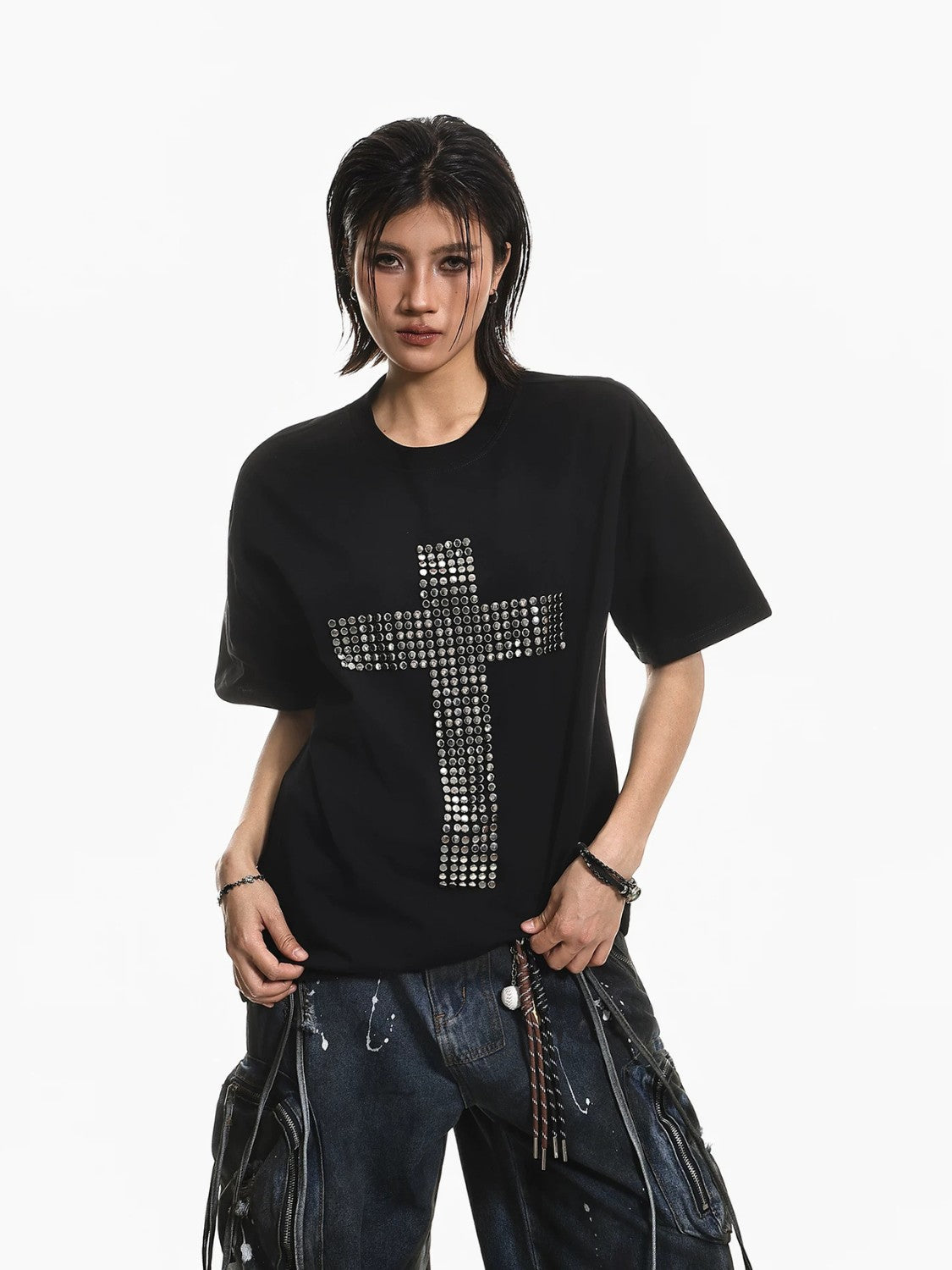 Studded Cross Oversized Punk T-Shirt