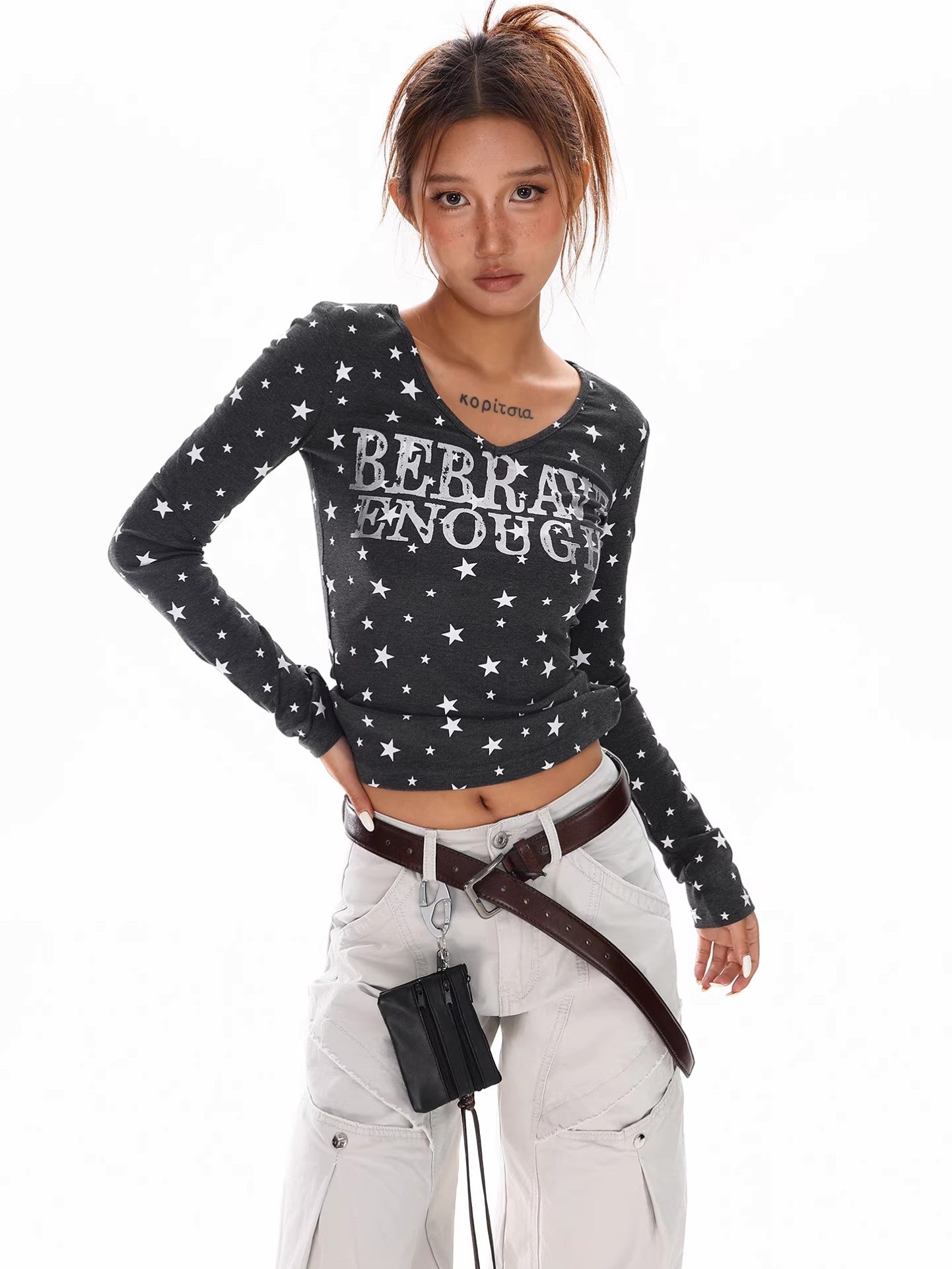Star Print V Neck Top