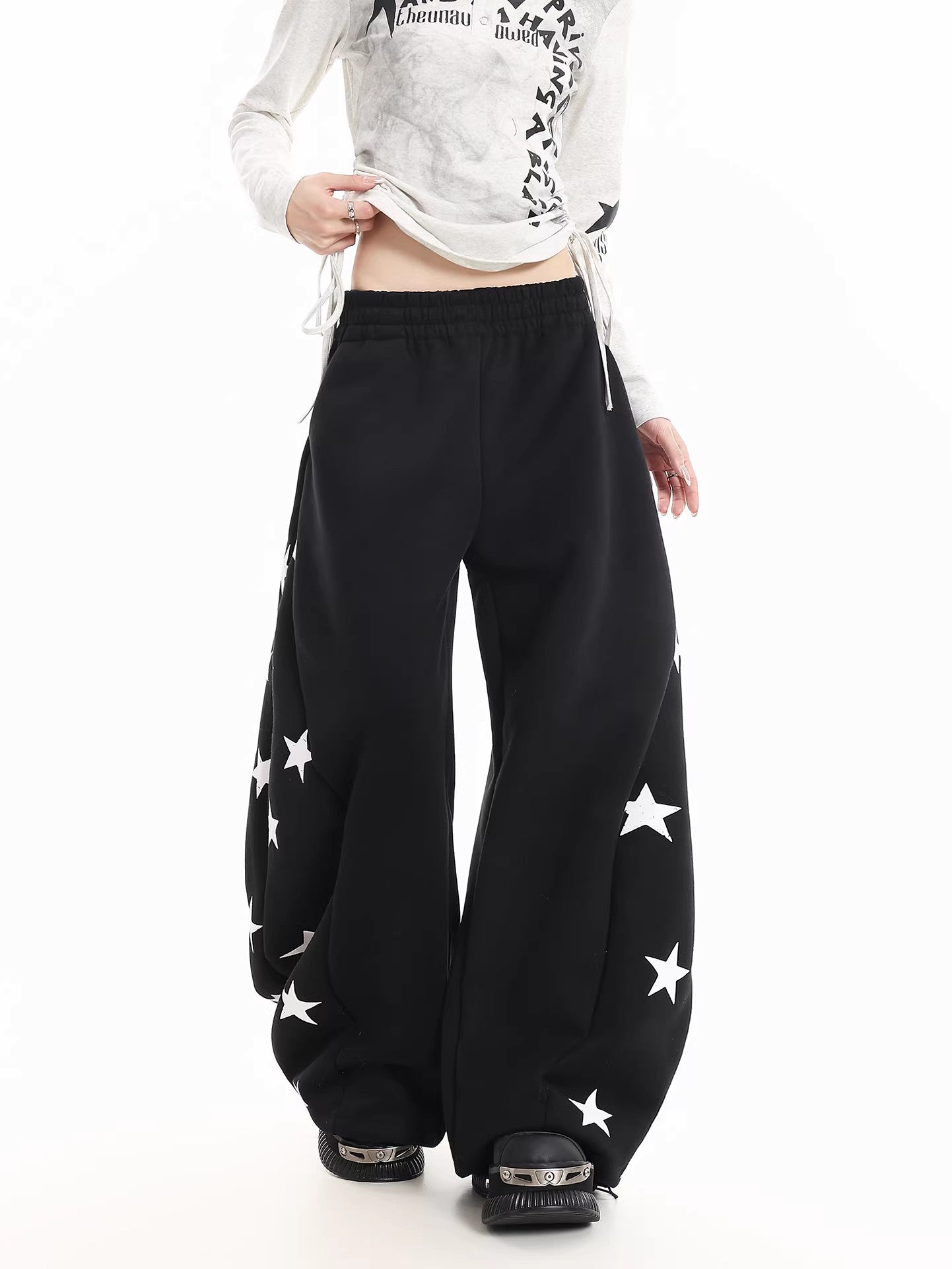 Retro Star Print Wide Sweatpants