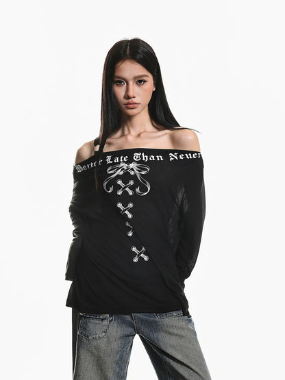 American Retro Off-Shoulder Long Sleeve Top