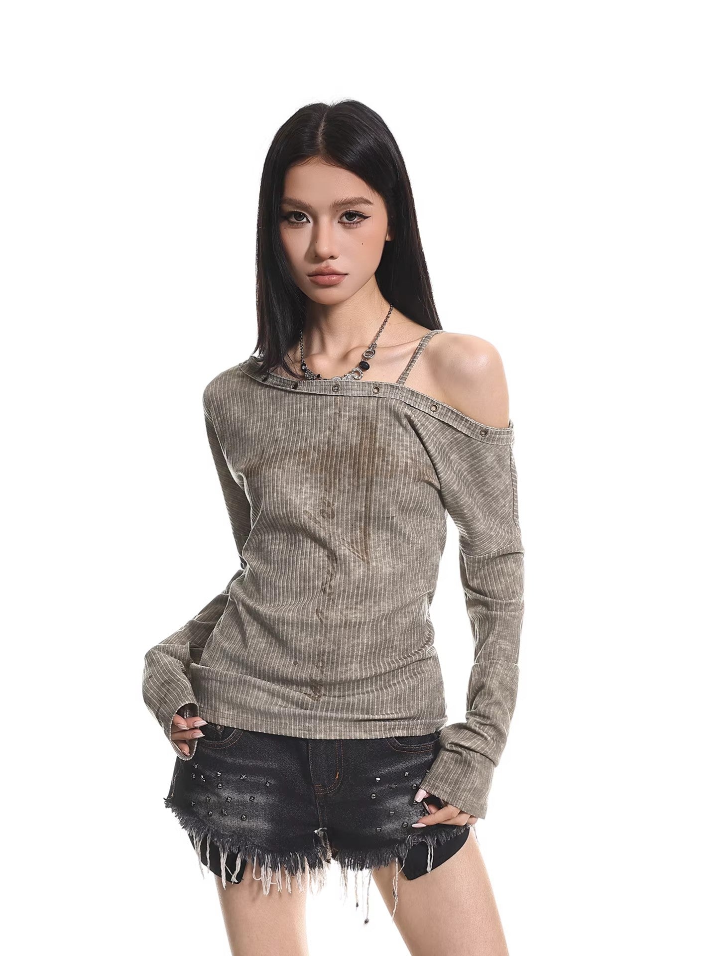 Distressed Off Shoulder Slim Top