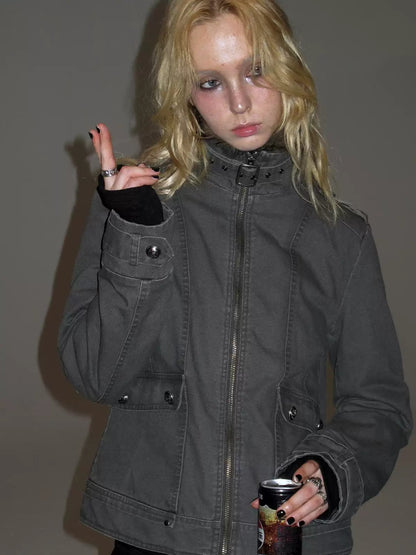 Sand Washed Punk Fur Collar Jacket