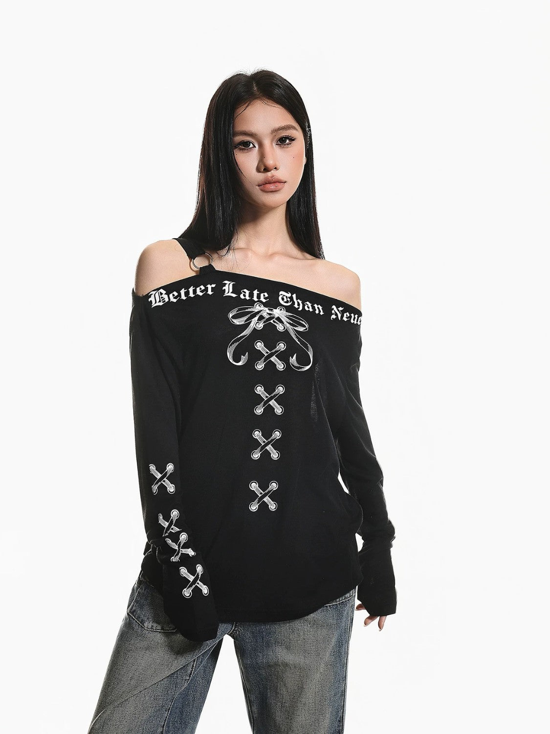 American Retro Off-Shoulder Long Sleeve Top