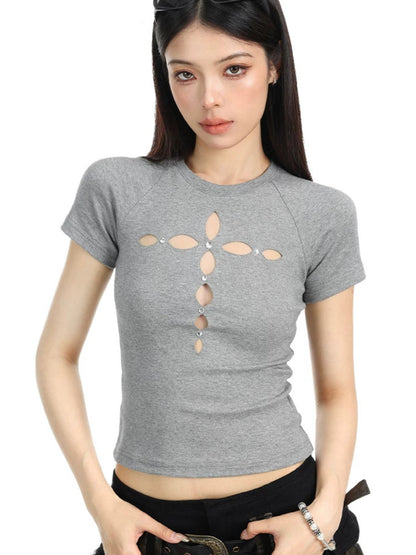 Hollow Cross Rhinestone Slim Tee