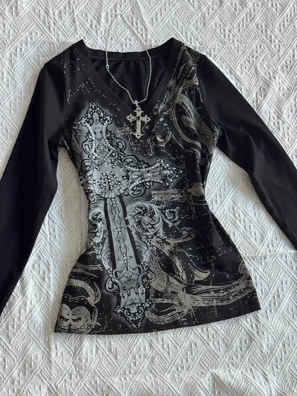 Black V-Neck Printed Long Sleeve Top