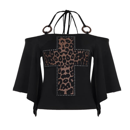 One-Shoulder Leopard Cross Bat Sleeve Top