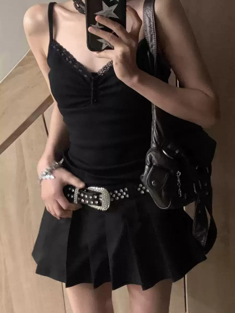Black Slim Lace Spaghetti Strap Vest for Women