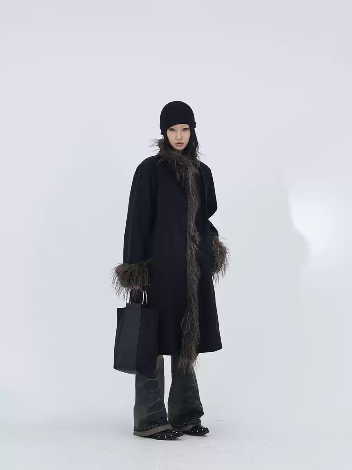 Black Faux Fur Trim Cotton Coat