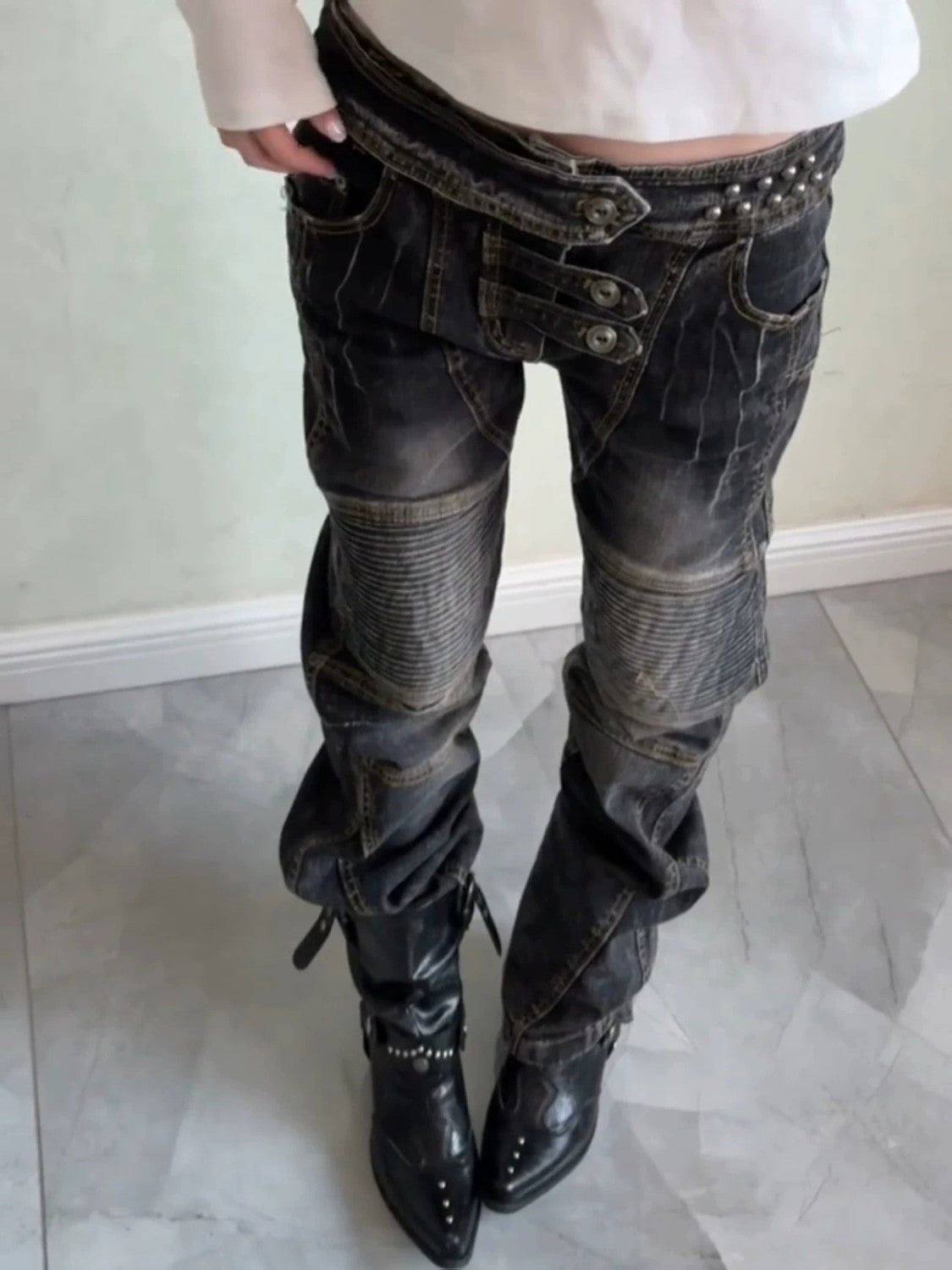 Retro Distressed Punk Denim Jeans