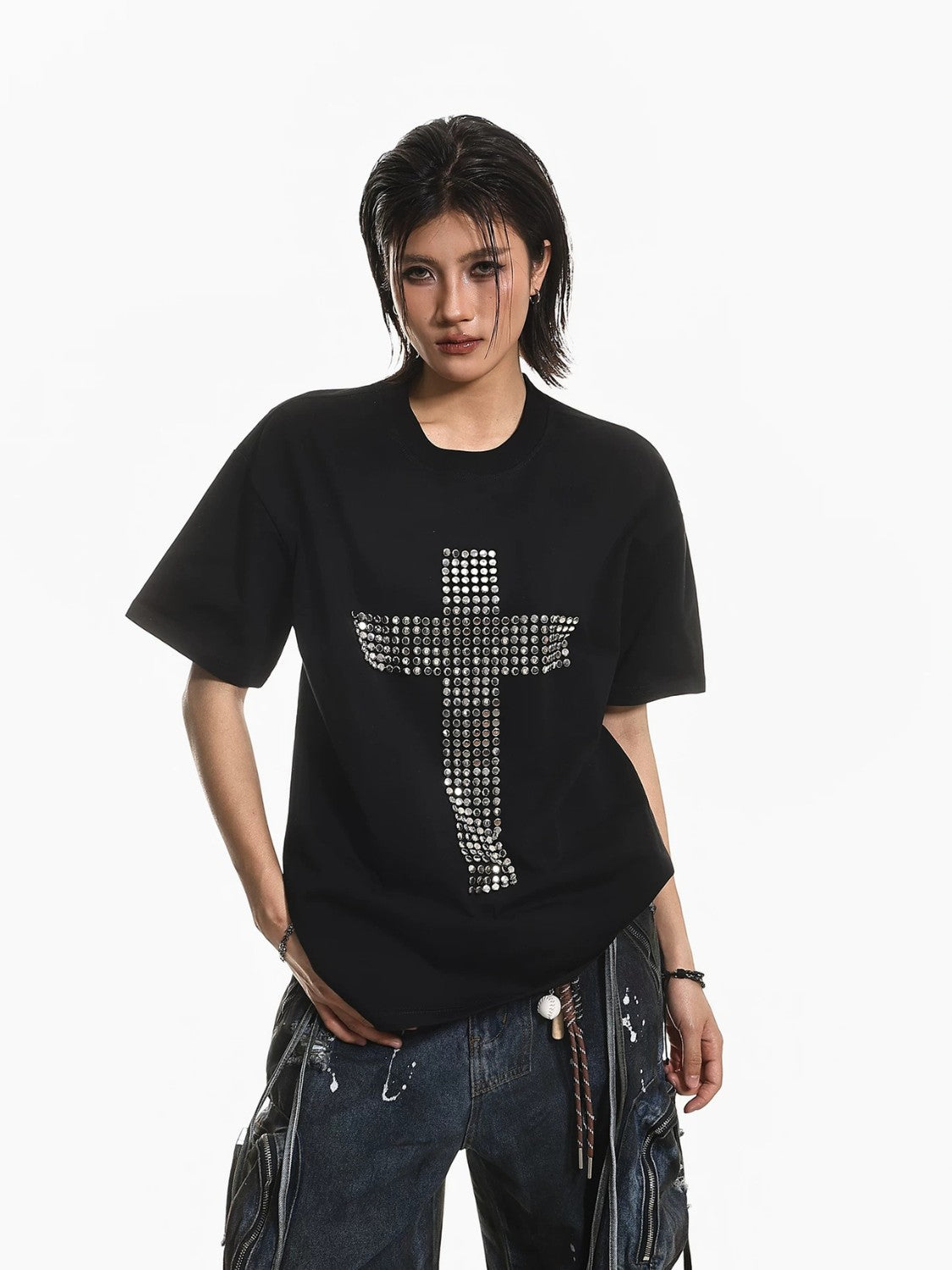 Studded Cross Oversized Punk T-Shirt