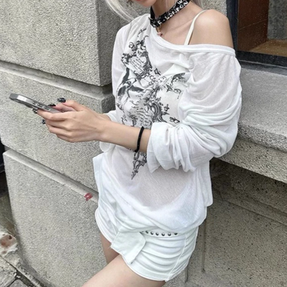 Gothic Print Off-Shoulder Long Sleeve Top