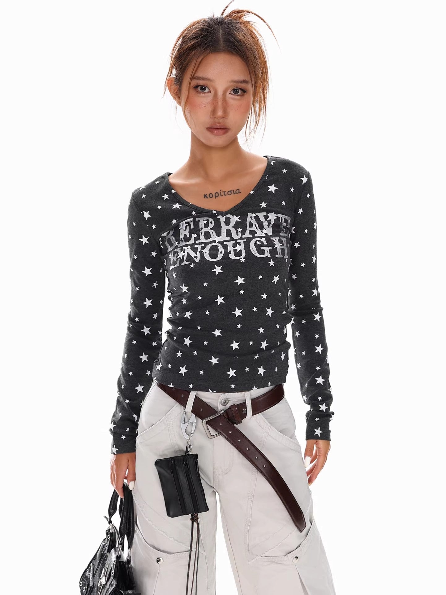 Star Print V Neck Top