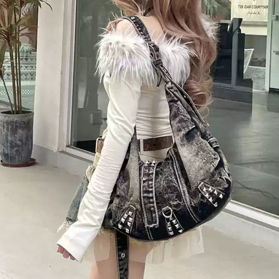 Studded Denim Shoulder Bag