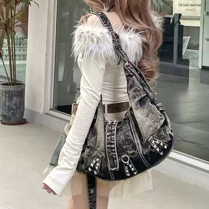 Studded Denim Shoulder Bag