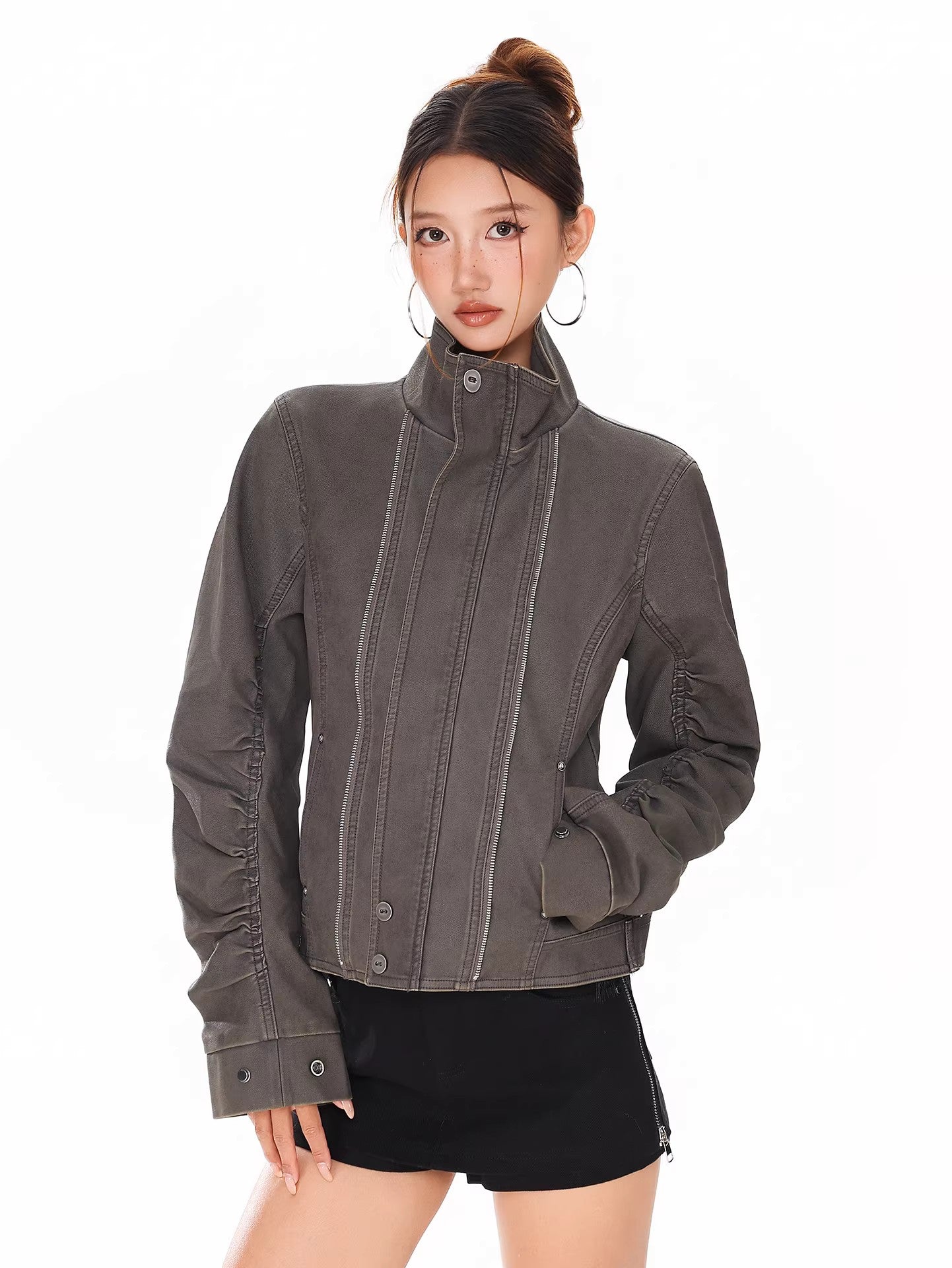 Stand Collar Moto Style Jacket