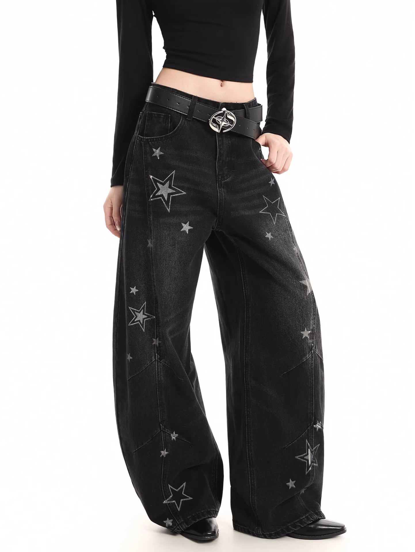Star Print Distressed Wide Jeans