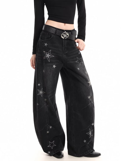 Star Print Distressed Wide Jeans