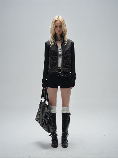Black Pleated Slim Punk Zipper Jacket