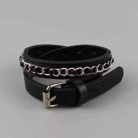 Edgy Double-Wrap Chain & Leather Bracelet