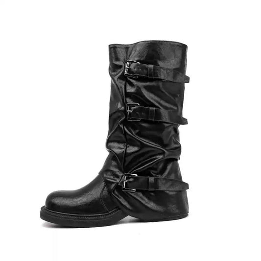 Distressed Belt Buckle Mid-Tube Boots