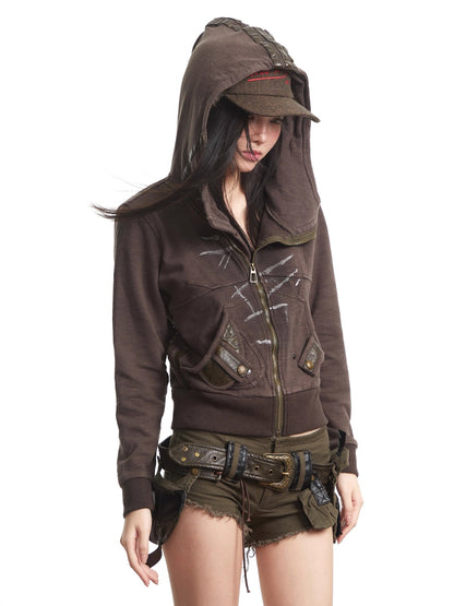 Retro Hooded Zipper Short Jacket