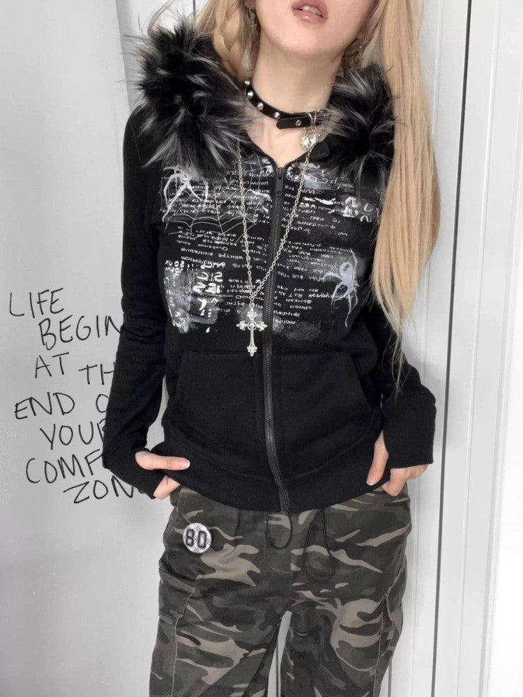 Y2K Punk Spider Print Slim-Fit Hooded Jacket