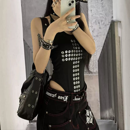 "Divine Rebellion" Cross Grommet Halter Top