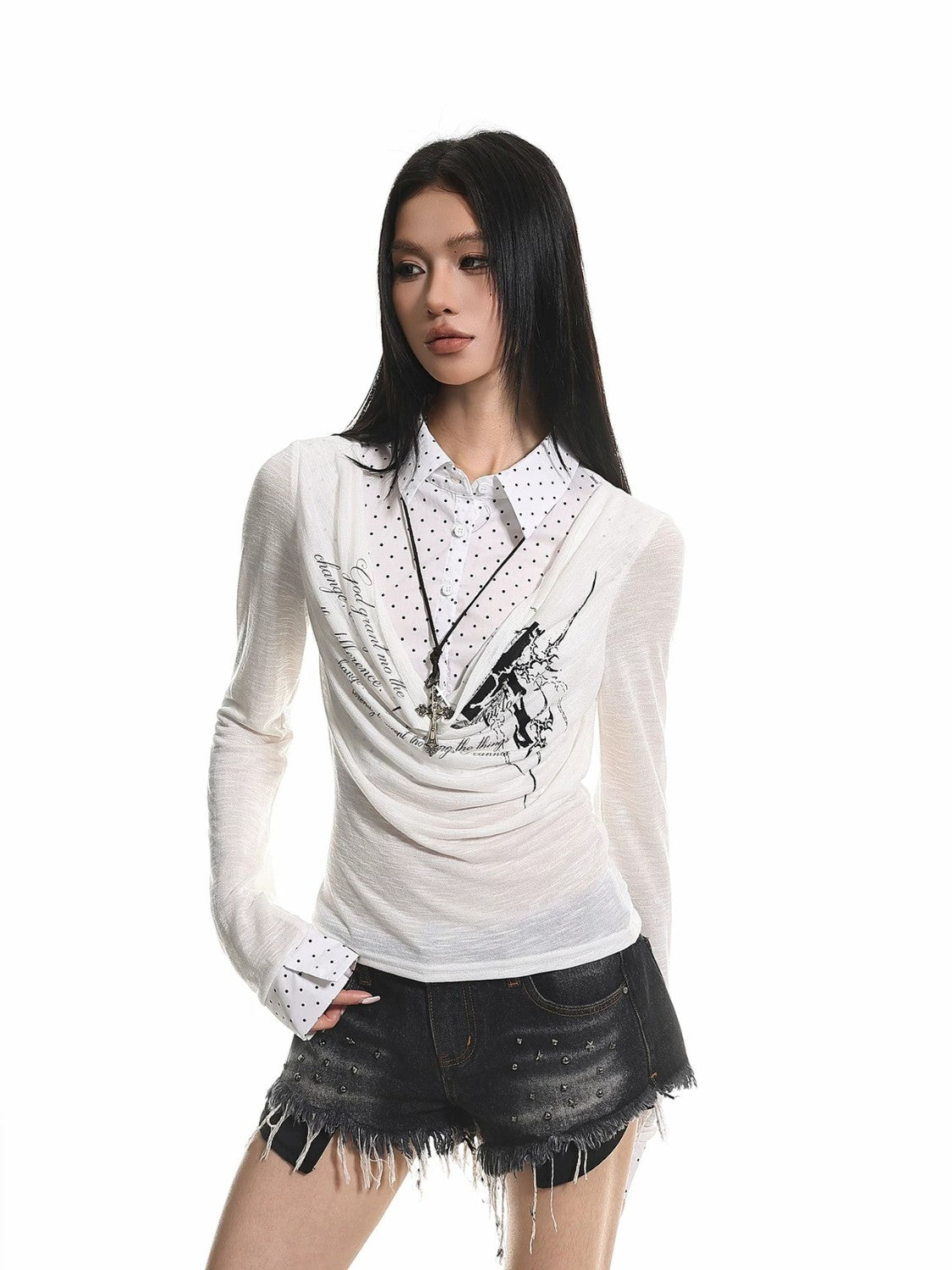 American Retro Faux Two-Piece Long Sleeve Top