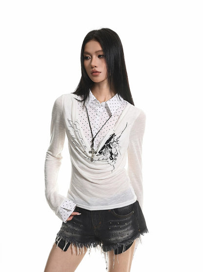 American Retro Faux Two-Piece Long Sleeve Top