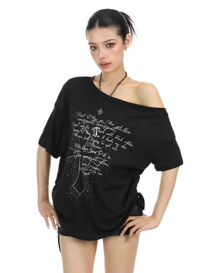 Rhinestone Cross Off-Shoulder Tee