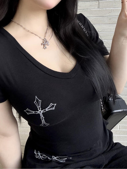 American V Neck Black Short Sleeve Slim Fit Top for Women