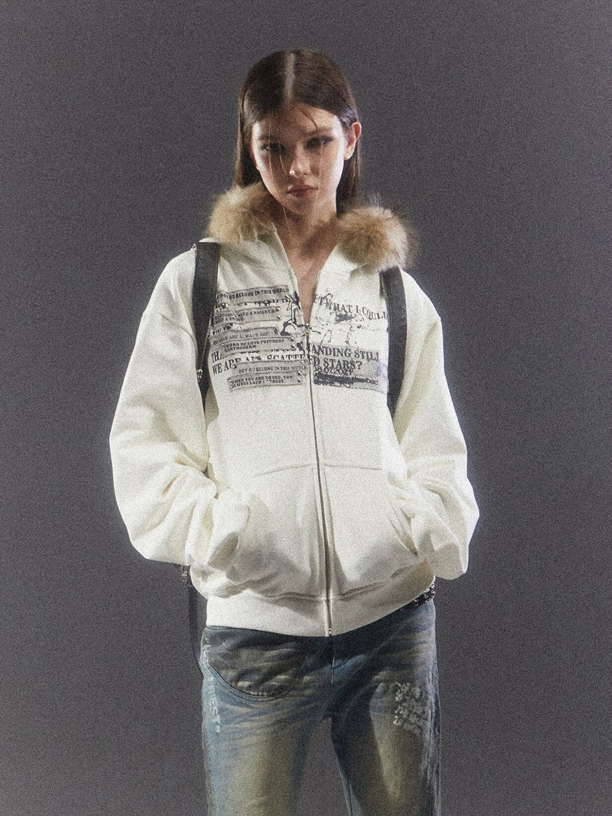 White Fur Collar Graphic Sweatshirt