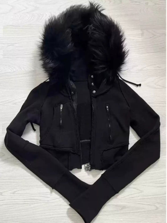 Retro Black Fur Collar Hooded Jacket