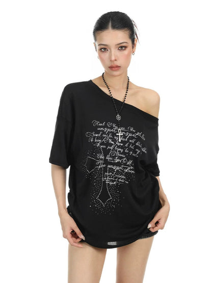 Rhinestone Cross Off-Shoulder Tee
