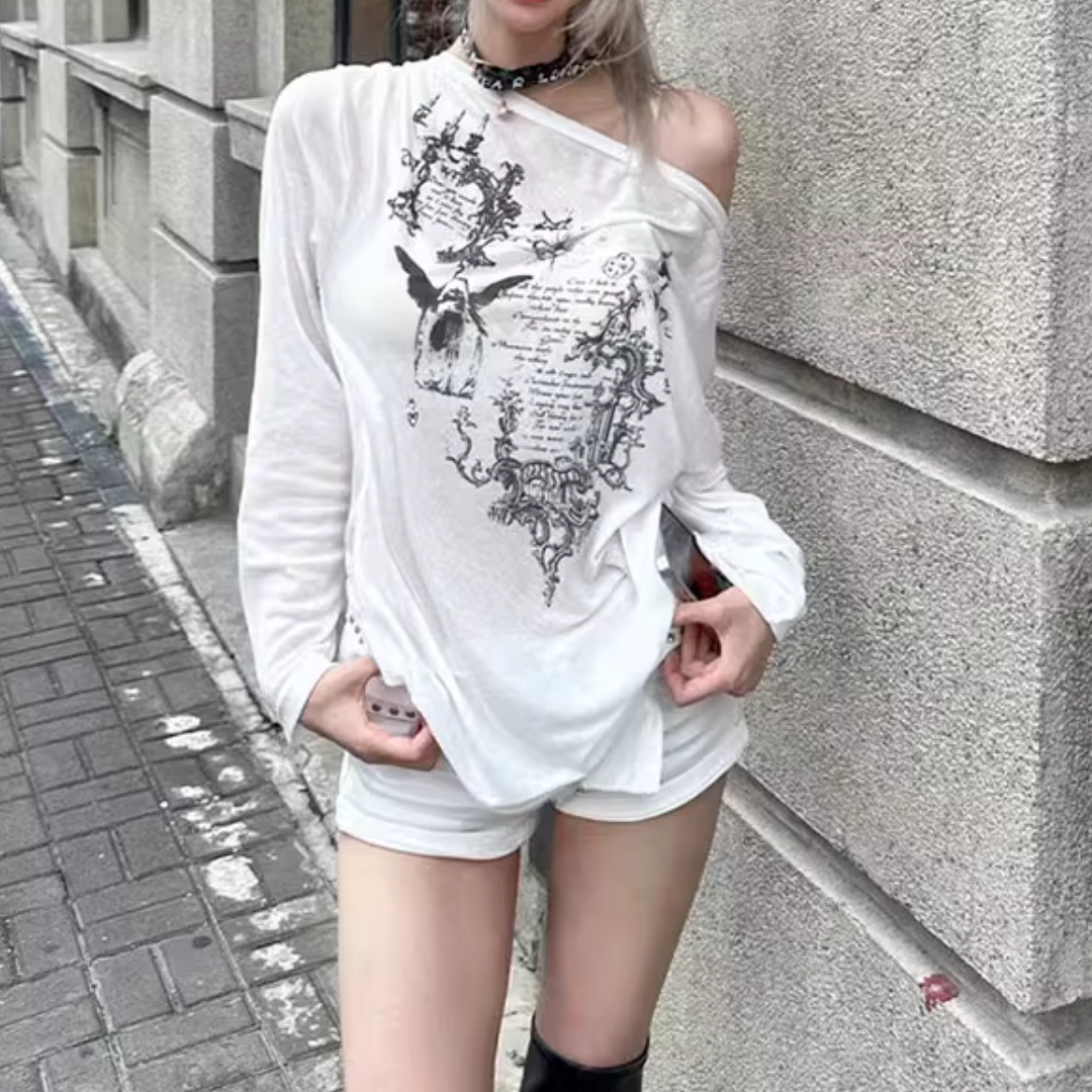 Gothic Print Off-Shoulder Long Sleeve Top