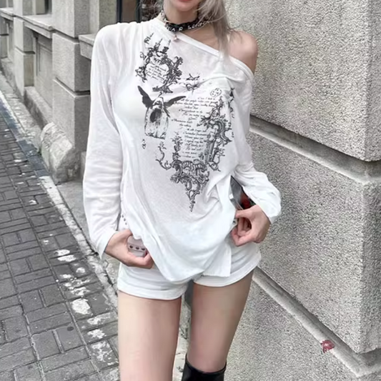 Gothic Print Off-Shoulder Long Sleeve Top