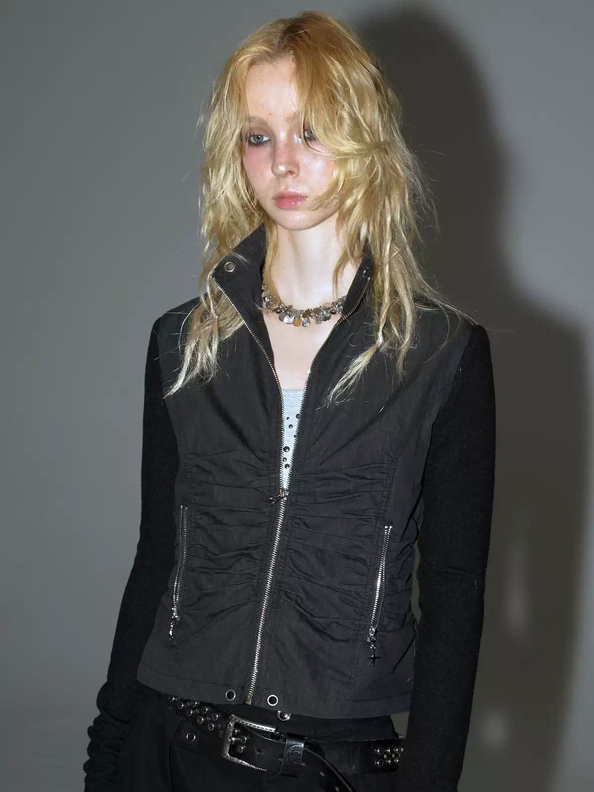 Black Pleated Slim Punk Zipper Jacket