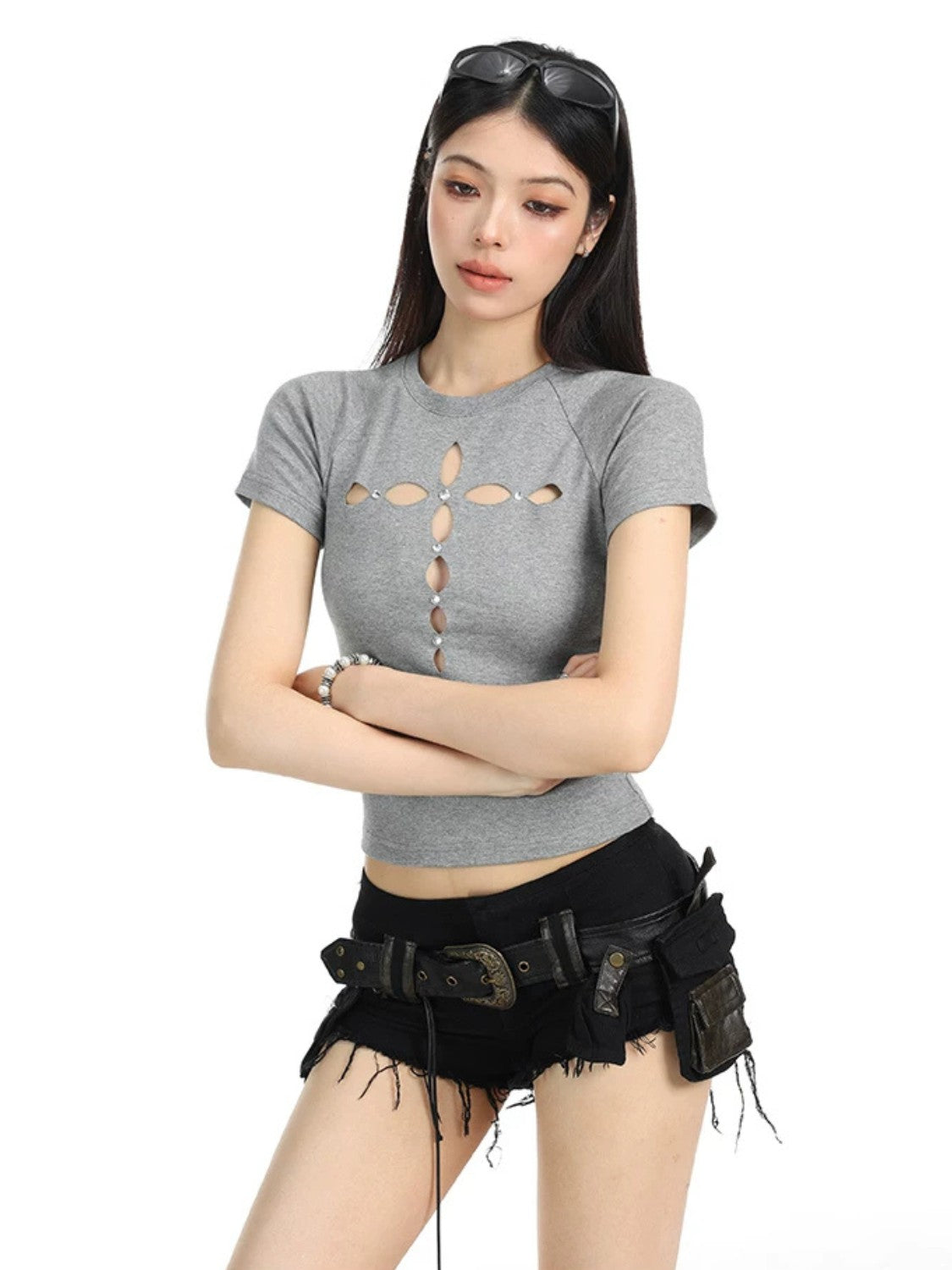 Hollow Cross Rhinestone Slim Tee