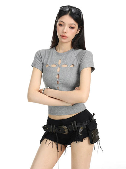 Hollow Cross Rhinestone Slim Tee