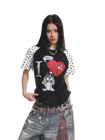 Retro Puppy Print Color Block T-Shirt